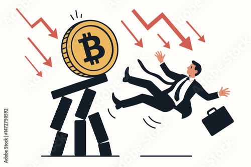 Unstable Bitcoin Market Vector Illustration: Businessman Falls from Collapsing Block Tower Topped with BTC Coin, Representing Crypto Crash, Financial Risk, and Investment Loss