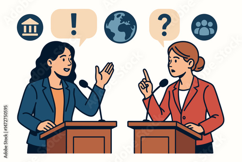 Female candidates or leaders debating policy at podiums. Vector graphic showing political discussion, public speaking, election themes, government, global and social issues.