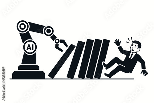 Artificial Intelligence disruption illustrated by AI robot arm pushing dominoes onto falling businessman, symbolizing job automation fears and the cascading impact of technology.