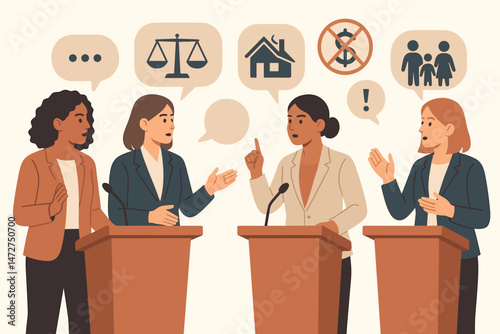 Diverse female leaders engaging in political debate at podiums, discussing social issues like justice, housing, finance, family represented by icons in speech bubbles vector illustration.