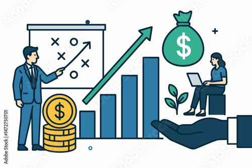 Strategic business growth planning vector illustration showing financial investment returns, market analysis presentation, rising chart trends, and profit increase concepts for success.