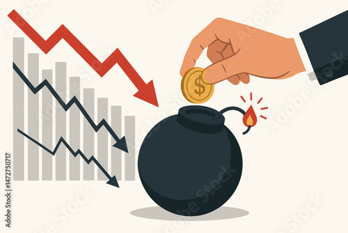 Risky financial venture illustration with hand putting dollar coin into lit bomb beside downward trending economic graph, concept of investment danger, market crisis and loss vector.