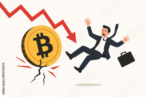 Panicked businessman falling during Bitcoin crash vector illustration. Cryptocurrency market volatility concept with downward trend arrow and cracking coin symbolizing financial crisis.