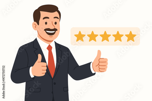 Smiling cartoon businessman giving two thumbs up beside a 5-star rating icon. Successful business review, customer satisfaction, approval, excellent service quality vector graphic.