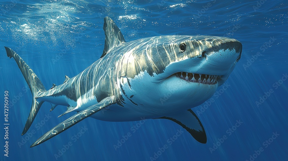 Fototapeta premium Powerful great white shark in ocean depths.