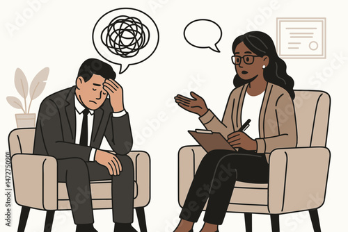 Professional therapy consultation vector. Anxious businessman client seeks help from a female counselor for stress and mental turmoil, illustrating mental healthcare support concepts.