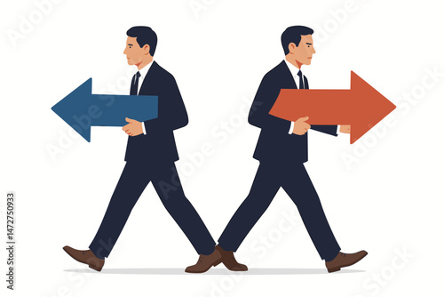 Businessmen walking opposite directions with arrows symbolize contrasting choices, disagreement, and diverging strategies in corporate decision-making. Flat vector illustration concept.