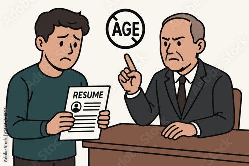 Job interview rejection due to age discrimination vector. Sad young applicant holds resume while stern hiring manager denies opportunity, symbolizing age bias and workplace inequality issues.