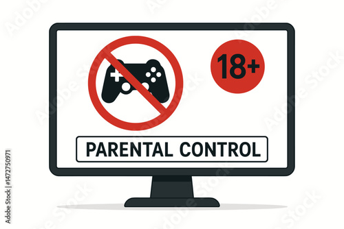 Vector illustration of a computer screen with Parental Control enabled, showing a blocked game controller icon and an 18+ age restriction notice. Ideal for online safety concepts.