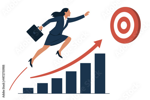 Businesswoman taking an ambitious leap forward on a rising graph arrow towards a success target. Vector concept for career growth, achieving goals, financial progress, and determination.
