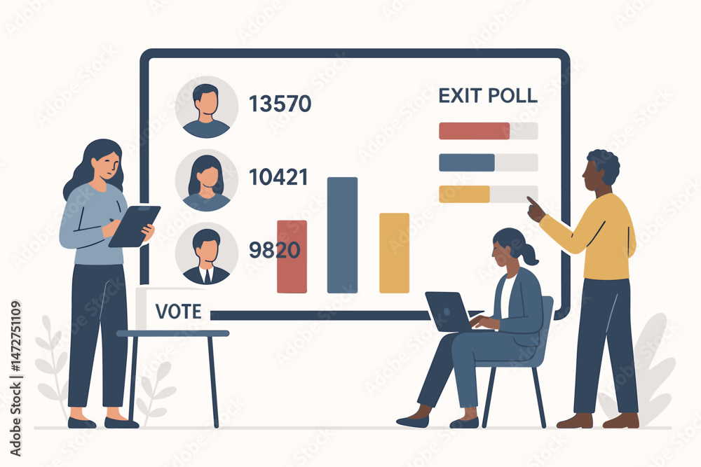 People managing election exit poll data visualization on large digital screen, showcasing electronic voting technology, campaign results analysis, and democratic process. People managing election exit poll data visualization on large digital screen, showcasing electronic voting technology, campaign results analysis, and democratic process.