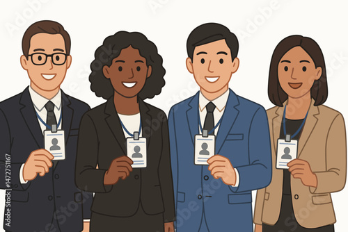 Multiethnic group of corporate employees, diverse men and women wearing business attire and smiling while holding up their identification badges for security or event access.