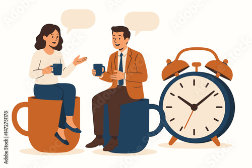 Office colleagues taking a relaxing coffee break, chatting and sitting on huge mugs next to an alarm clock. Concept illustration of conversation, teamwork, and break time. Vector.