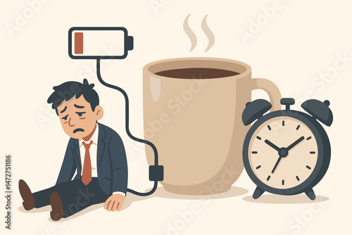 Exhausted Businessman Concept: Low Battery Worker Plugged into Giant Coffee Mug for Recharging Energy, Illustrating Burnout, Caffeine Need, and Monday Morning Fatigue.