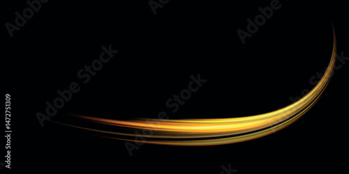 Golden glowing shiny spiral lines effect. Curved yellow line light. Vector illustration of a burning falling fireball meteor. 