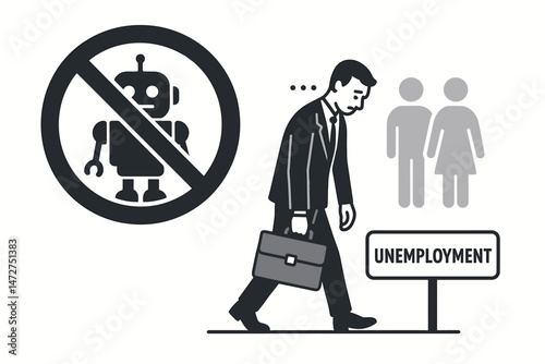 Automation impact vector graphic: Sad businessman faces unemployment due to robot ban, symbolizing job displacement debate, workforce anxiety, and the future of human labor.
