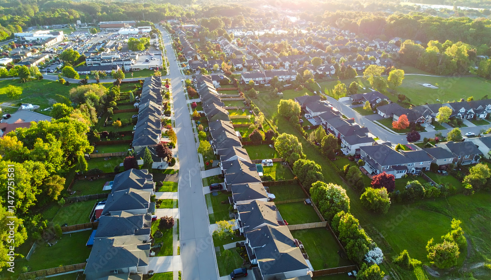 Obraz premium Aerial view of suburban neighborhood showcasing rows of houses with lush green trees and sunset