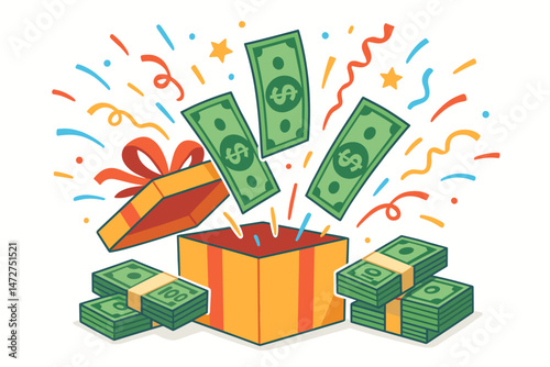Exciting Cash Prize Celebration Vector Graphic Featuring Dollar Bills Bursting from an Open Gift Box with Colorful Confetti, Symbolizing Winning, Bonus, Jackpot, and Financial Success.