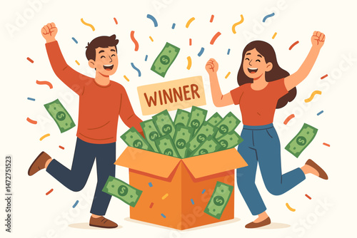 Joyful couple celebrating lottery win, jumping happily next to a big cardboard box overflowing with cash prize money under falling confetti, vector illustration of success and luck.