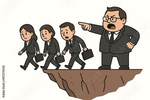 Misguided Leader Vector Illustration Angry Boss Directing Worried Employees Off Cliff Edge Symbolizing Bad Management Corporate Failure Danger and Blind Obedience Cartoon