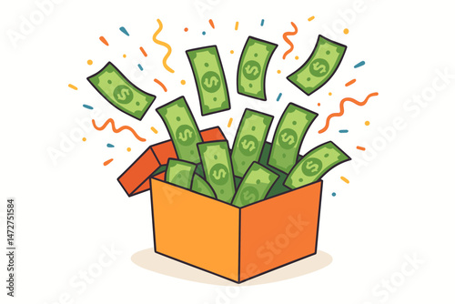 Winning celebration concept vector illustration showing green dollar bills bursting out of an orange box with festive confetti. Ideal for depicting jackpots, prizes, bonuses, or sudden wealth.
