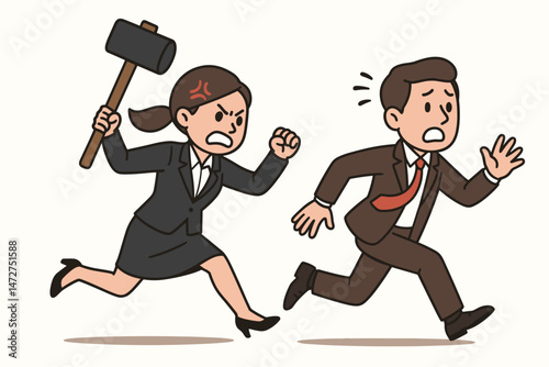 Vector cartoon illustration of furious businesswoman brandishing a hammer while chasing terrified male colleague, depicting intense office conflict, workplace stress, and unleashed rage.