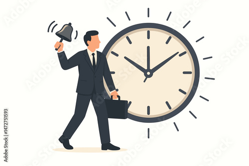 Businessman ringing a bell next to a large clock, symbolizing deadline approaching, time management, urgency notification, and final call reminder in a corporate setting vector illustration.