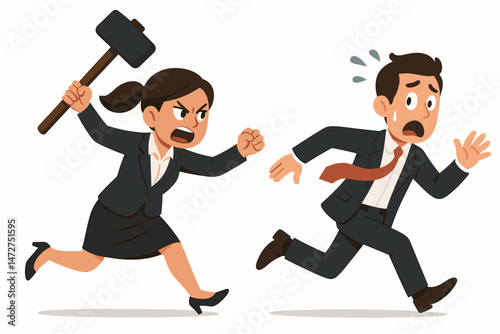 Furious businesswoman in suit wielding large hammer chases terrified businessman running away in panic. Workplace conflict, stress, and office rage cartoon vector graphic design.