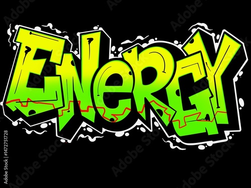 illustration of letter energy, digital font energy with simple graffiti pattern and bright colors, green and yellow