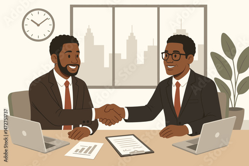 Successful Black business partners shaking hands in a modern office after signing a contract. Vector graphic depicting agreement, collaboration, diversity, and corporate success.