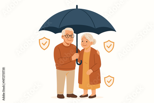 Secure Retirement Concept: Happy senior couple protected under an umbrella with shield icons representing insurance, financial stability, healthcare, and safety during their golden years.
