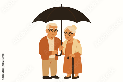 Happy retired couple protected by umbrella, vector illustration symbolizing financial security, healthcare coverage, insurance, and safe aging together during their golden years.