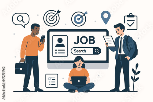 Online job search concept illustration with diverse people using computer, laptop, and smartphone for recruitment. Finding career opportunities, employment, and hiring via digital platform.