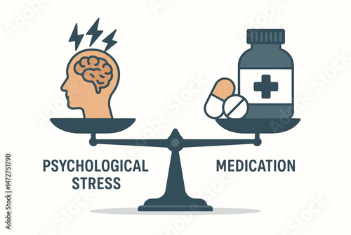 Mental health balance concept showing psychological stress versus medication treatment on a comparison scale, flat vector graphic for healthcare, therapy, and wellness themes.