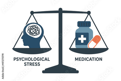 Mental Health Balance Scale Comparing Psychological Stress and Medication Treatment Vector Illustration. Concept of choosing between therapy and pills for anxiety or depression care.