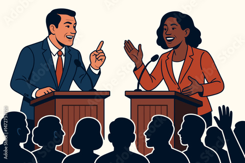 Diverse Political Candidates Engaging in Lively Debate: Man and Woman Discussing Policy at Podiums Before Audience Silhouettes - Election Campaign Forum Vector Illustration.
