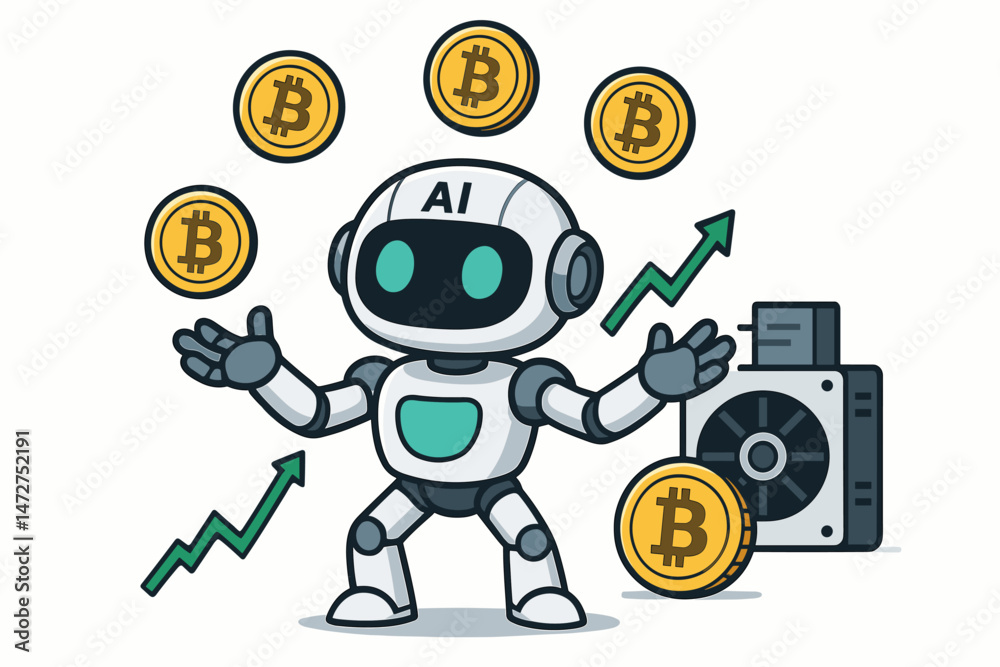 AI robot juggles Bitcoin coins with growth arrows and mining rig vector illustration. Advanced technology concept for cryptocurrency trading, investment, finance, and blockchain. AI robot juggles Bitcoin coins with growth arrows and mining rig vector illustration. Advanced technology concept for cryptocurrency trading, investment, finance, and blockchain.
