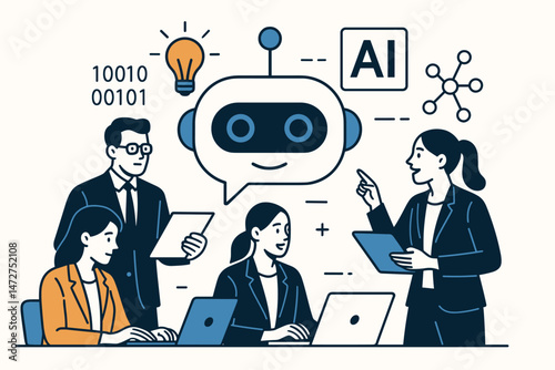 Artificial Intelligence Chatbot Development Team Meeting. Vector illustration concept of tech professionals collaborating on coding, machine learning, and innovative AI solutions.
