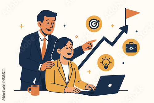 Flat vector illustration of a male mentor supporting a female colleague using a laptop, symbolizing career guidance, skill development, achieving targets, and professional growth in business.