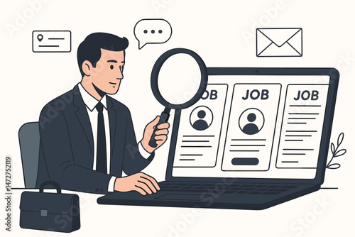 Businessman Searching for Job Opportunities Online Using Laptop and Magnifying Glass Vector Illustration. Human Resources Recruitment Concept, Finding Candidates, Career Vacancy Web Search.