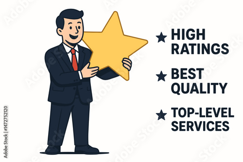 Top-rated business concept illustration with a happy businessman holding a star. Vector graphic promoting high ratings, best quality products, and top-level customer services.