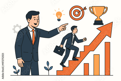 Career development mentorship vector concept. Experienced manager guides young businessman climbing stairs graph towards success, goals, ideas, and winning a trophy award.
