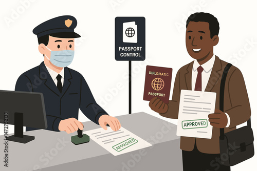 Vector illustration of passport control checkpoint with masked officer stamping approved visa for smiling diplomat holding passport and documents, signifying international travel success.