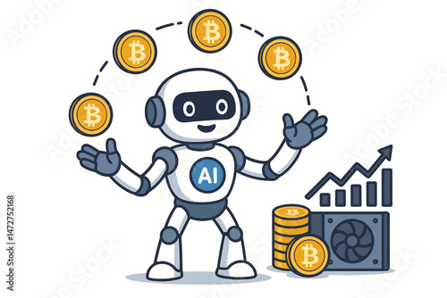 Cartoon AI Bot Juggling Bitcoin Coins representing Cryptocurrency Trading and Investment Growth, next to a Mining GPU and Profit Chart. Flat Vector Finance Technology Illustration.