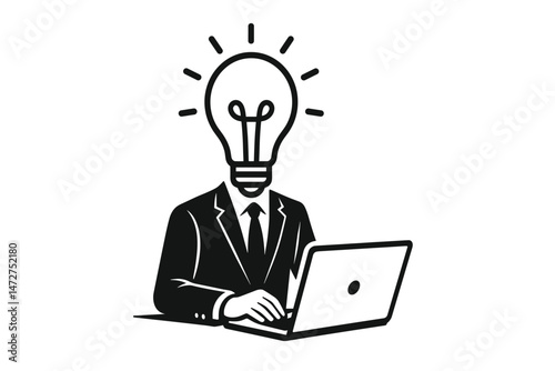 Black and white vector icon of a businessman with a lightbulb head using a laptop. Concept for innovation, bright ideas, creativity, problem-solving, and business strategy.