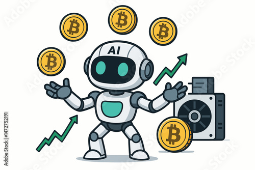 AI robot juggles Bitcoin coins with growth arrows and mining rig vector illustration. Advanced technology concept for cryptocurrency trading, investment, finance, and blockchain.
