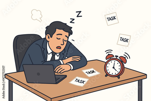 Tired cartoon businessman asleep on his desk next to a laptop and alarm clock, overwhelmed by pending tasks. Vector illustration concept for workplace fatigue and burnout.