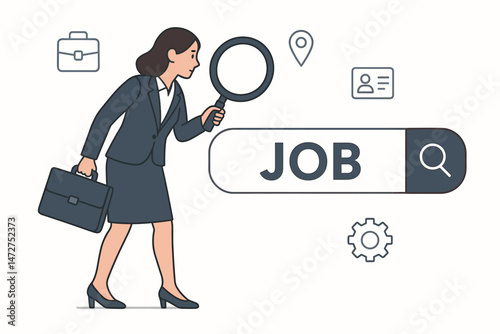 Vector illustration of a businesswoman in suit using a magnifying glass to search for jobs online. Concept for career opportunity, employment hunt, HR recruitment, and job vacancy.