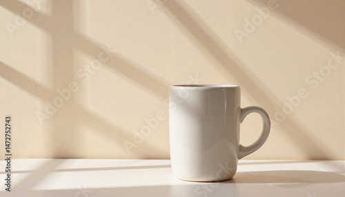 White mug and beautiful shadow pattern on light background