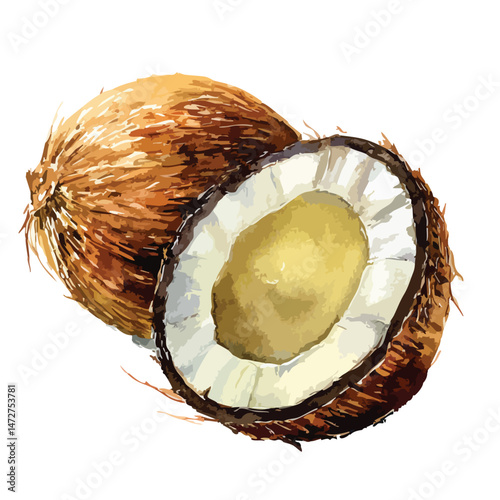 Half cut coconut with a white center. The coconut is brown and has a rough texture